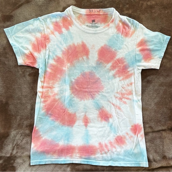Hanes Girls Tie-Dye T-Shirt - Coral and Sky Blue Star Shaped Size S - Picture 1 of 6